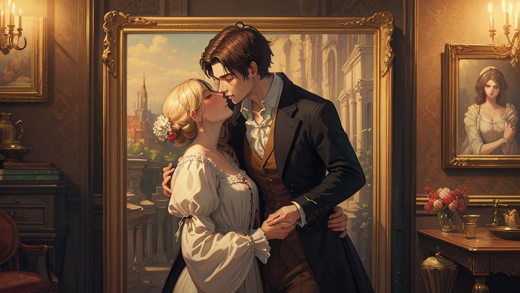 man in his 50's,deacon,Allback,Lady of the Deep Window,Princess,Shameful Girl,embracing each other,the kiss