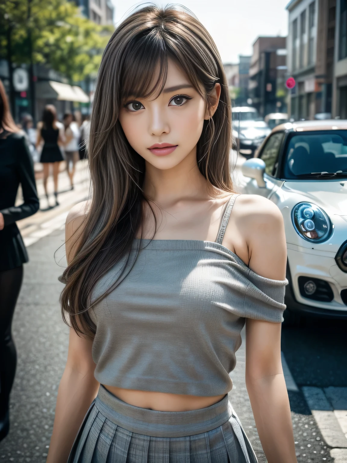 beautiful japanese woman, upper body, standing gracefully, elegant posture, soft and feminine pose, delicate hands, slender body, natural curves, poised and elegant, flowing movements, sophisticated beauty, shoulder-length hair, soft and slightly wavy hairstyle, gentle bangs, (wearing a Gray blouse), (Black pleated mini skirt), stylish long boots, youthful and elegant style, perfect face, highly detailed facial features, soft gaze, expressive eyes, gentle smile, refined features, clear and luminous skin, realistic skin texture, natural makeup, subtle highlights, cinematic soft light, soft ambient lighting, ultra-detailed, photorealistic, 8k, sharp focus, on the street, looking at viewer,