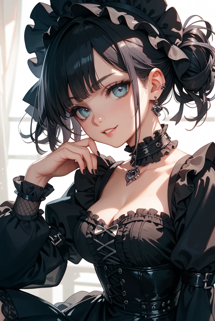 Top view, Woman with asymmetrical short hair, Gothic Lolita Fashion, Exposed cleavage and thighs, A dynamic pose, White background:1.2, Anime Style, Simple lines, Digital Painting, (masterpiece, High resolution, Highest quality)