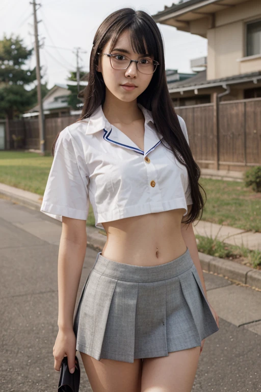 ((Highest quality)), ((masterpiece)), (detailed), One person,cute童顔,15 years old,Perfect Anatomy,Perfect Eyes,Small face,Small hands,Long limbs,Wearing round frameless glasses,cute,She is wearing a white short-sleeved uniform.,she is wearing a tie,She is wearing a pleated miniskirt,In a city where rain falls,,She has very small, pointed breasts,Flat Chest,Wearing a wet uniform, The thin shirt sticks to your skin,Look to the side,Laugh shyly,her uniform is soaked and clinging to her body,Rainy city,Armpits are visible,Her belly button is slightly visible.
