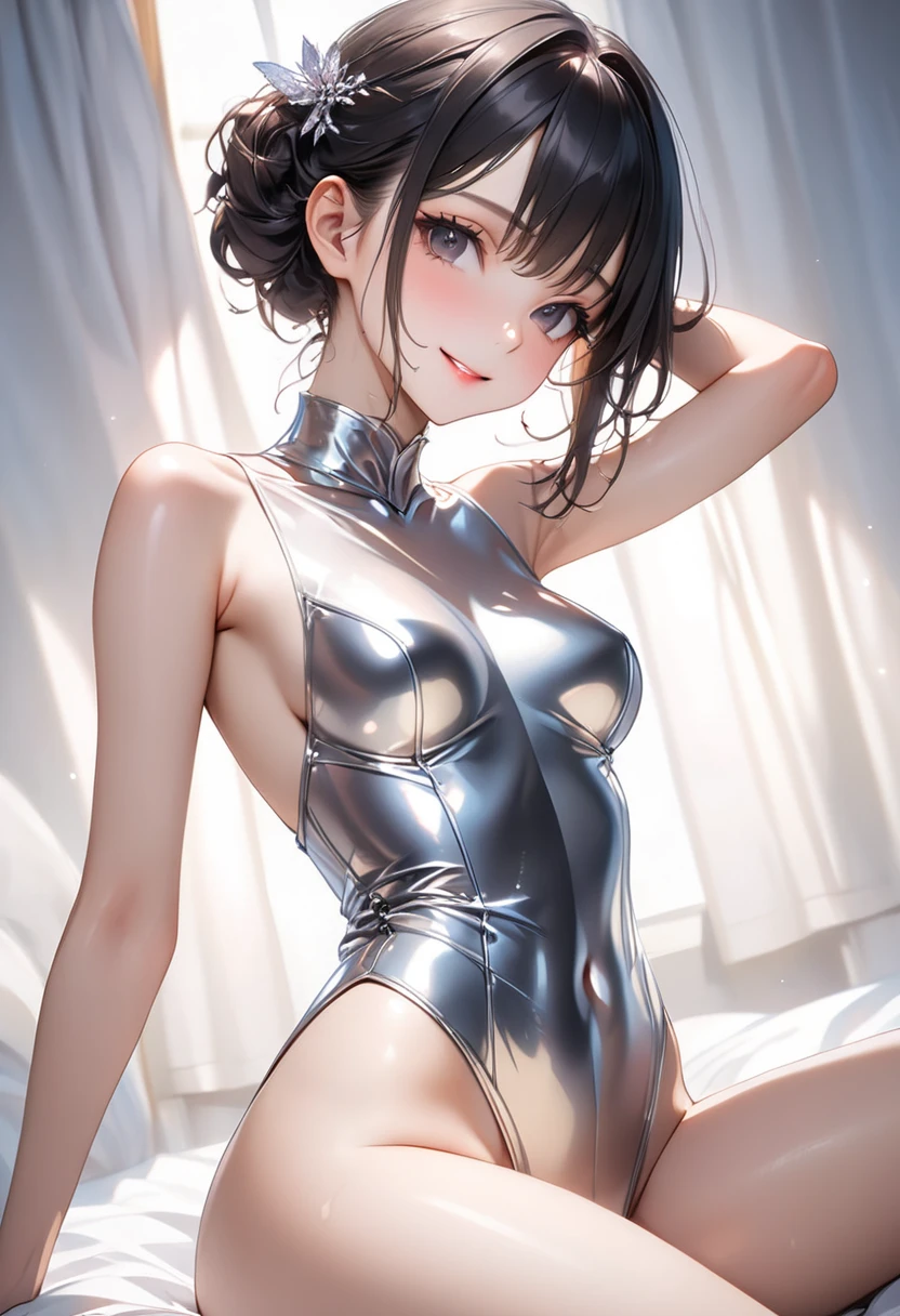 (masterpiece,Highest quality:1.3,best quality illustration,realistic),cowboy shot,1woman,30 year old Japanese beauty,Special Forces Female Soldier、((very small head:1.2)),brown short bob hair,bangs,brown eyes,gorgeous eyes,shy,tears,small breasts,((very long body:1.2)),((toned body,slender body,skinny,tan skin)),(Black turtleneck and high leg leotard、No sleeve),Wet crotch、Love juice、gleaming skin,shiny skin,sweat,lying,spread legs:1.3,Simple bed、A cluttered bedroom、ruins、night、