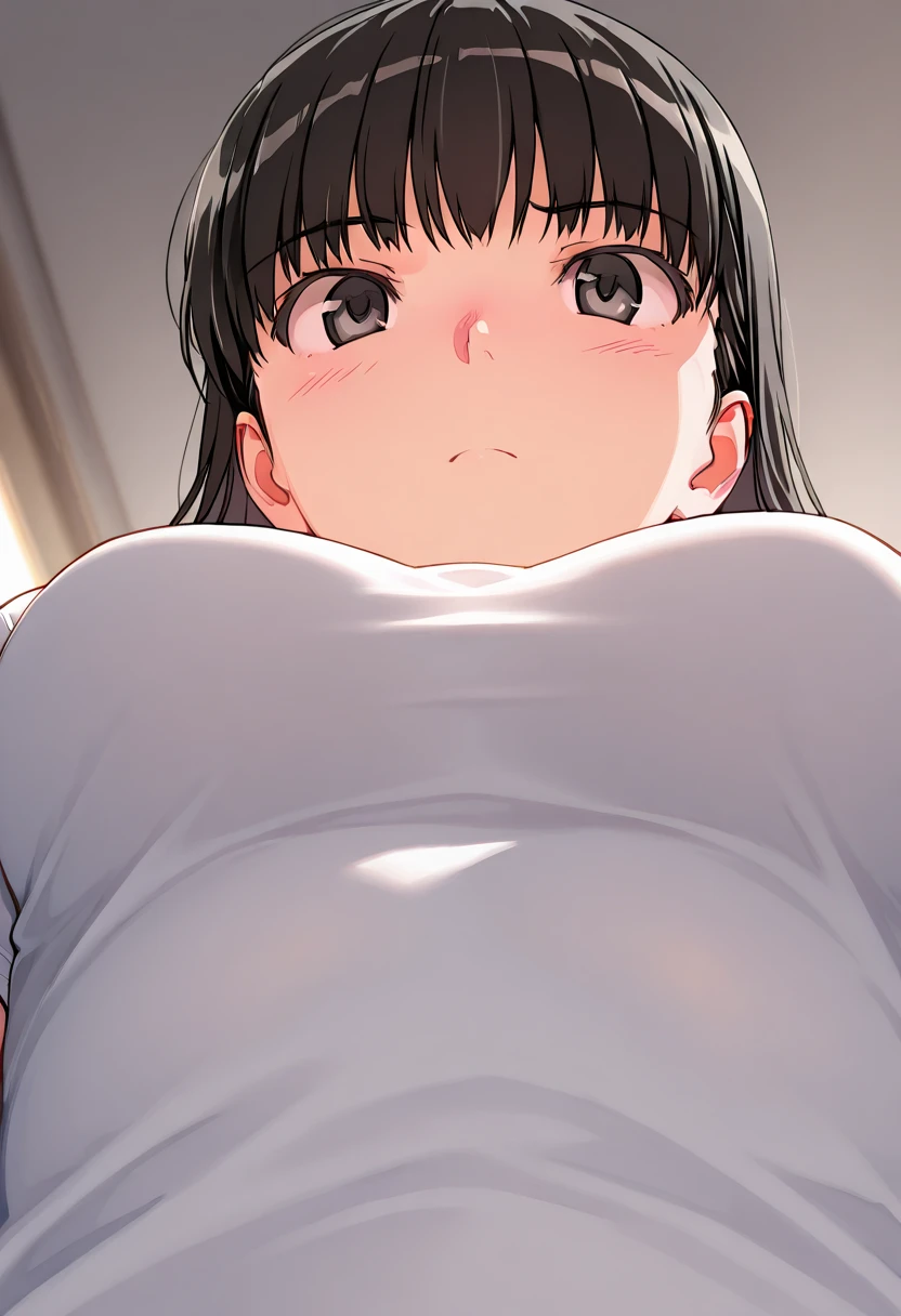 Cute , mature women, chubby cheek,realistic skin, tanktop see through nipple,realistic breast, saggy breast, nipple out,muted colours, cold lighting, pale white skin, mature women,black hair, long hair, (hair over one eye:1.4), Messy hair,straight hair,hair between eyes ,sleepy eyes ,beautiful,pucker lips,charm,pubic hair pussy,dense pubic hair, cute shy blush on
