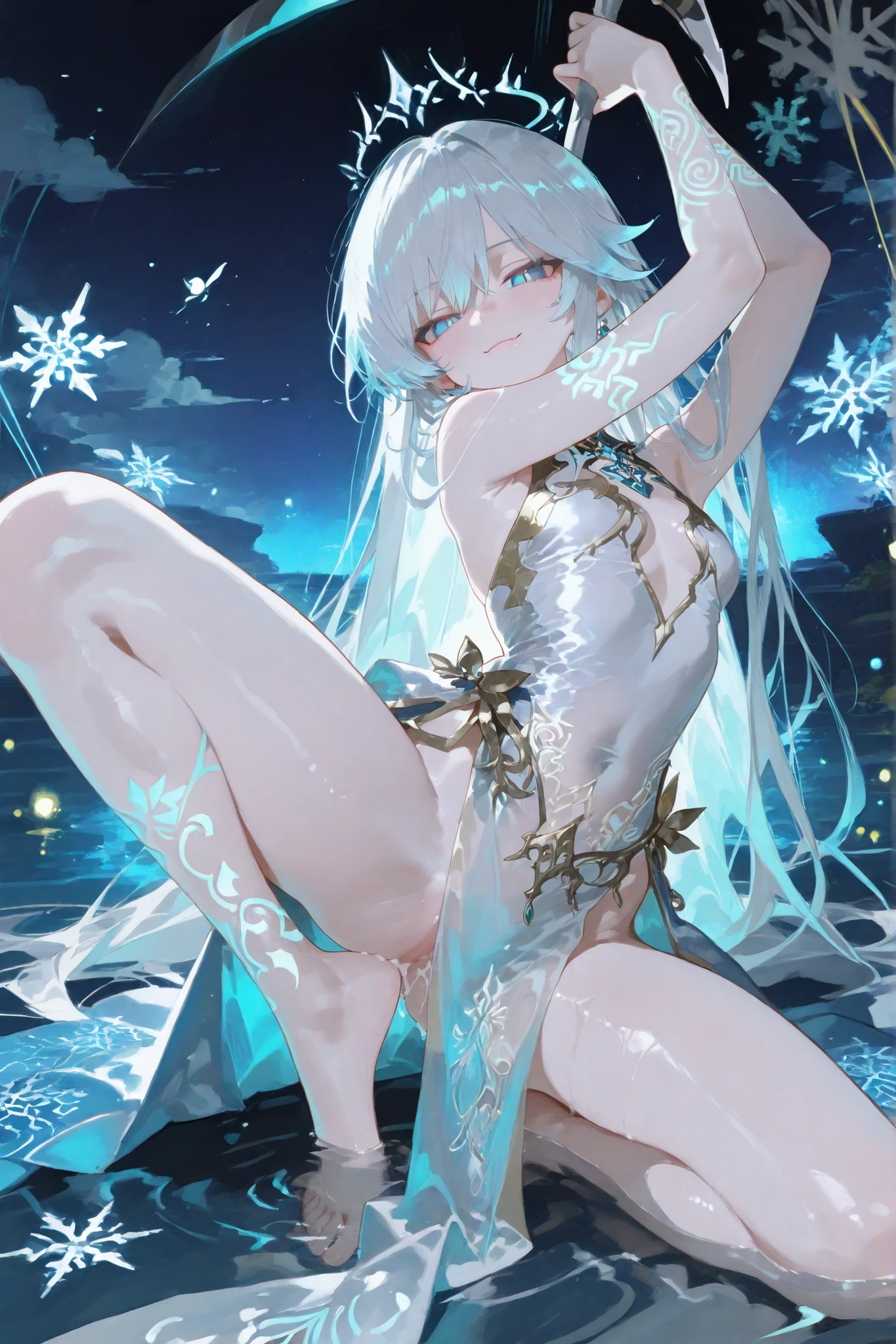 young slender mythical girl, soft glowing porcelain skin, long flowing silver hair that cascades gently around her shoulders, delicate strands shimmering like moonlight, ethereal, with a gentle aura, luminous ice-blue eyes that glisten like stars, wearing a flowing translucent gown made of shimmering light fabric, accented with glowing soft gold and silver threads, the gown’s hem softly trailing on the ground, intricate patterns of snowflakes woven into the fabric, soft glowing light emanates from her gown, she stands barefoot on a serene lake, water perfectly still around her, gentle ripples spreading as she moves, graceful and poised, her arms raised in a delicate, fluid motion, as if she’s performing an ancient, tranquil ritual, soft clouds surrounding her, distant mist rising from the water, serene and peaceful moonlit sky, subtle glowing lights like fireflies surrounding her, anime-style, highly detailed, serene mythical energy, otherworldly beauty and elegance  deep gay manly fighting pose, wide boy legs spread like a Jack-O' pose, one hand on the ground, other hand, holding a mythical blue and black pixelated double-edged scythe, vibrant luxury fantasy room background, holographic lights, anime-style, bright, detailed, magical combat atmosphere, shiny skin, powerful alternative fashion style, front body pose, with an evil smirk, cum, soft skin detail smooth