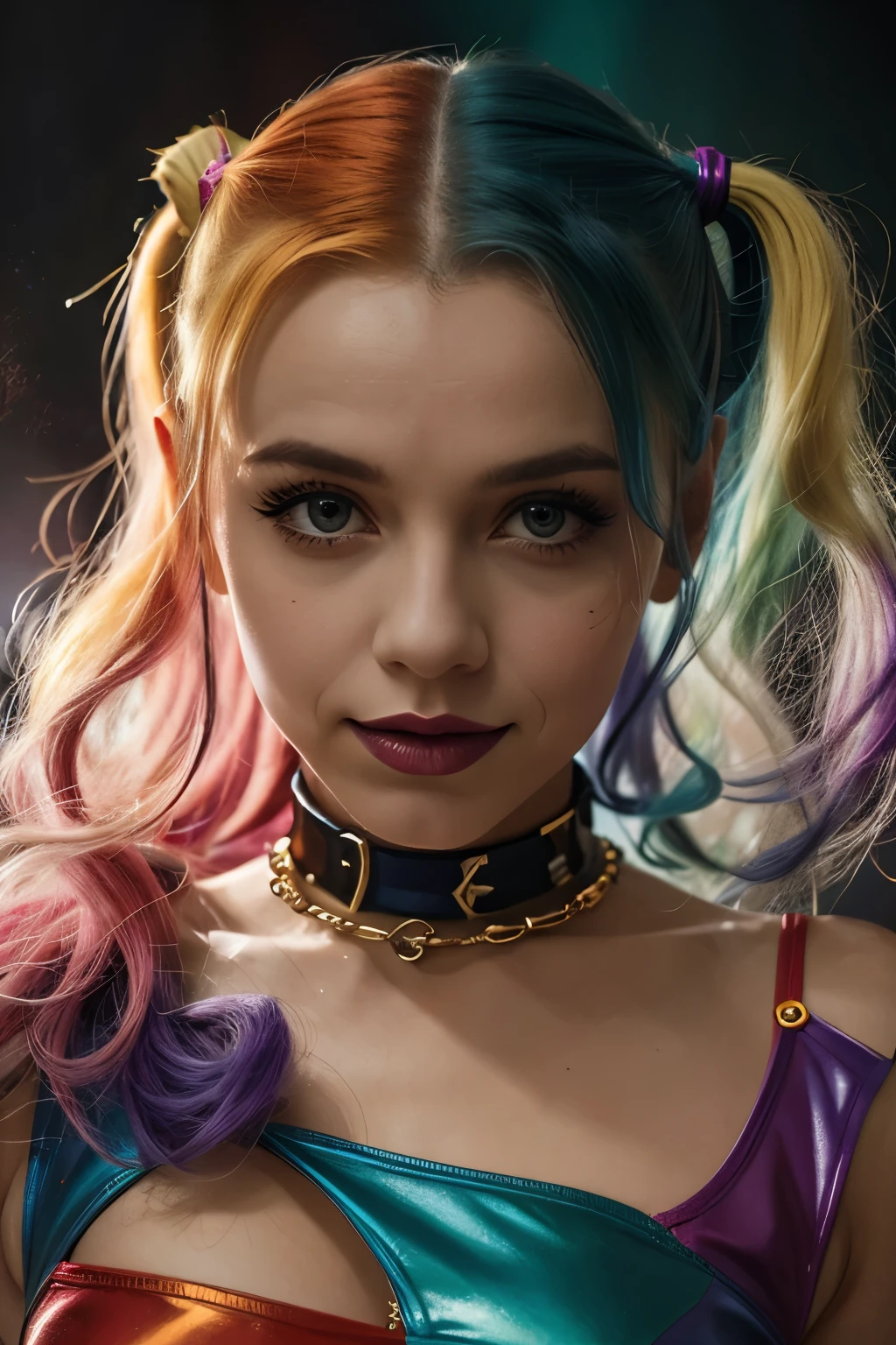 Portrait of Margot Robbie as clown at the crowdy party, wearing closed Black-Red clown suit, harley quinn style, her face is illuminated by neon lights, looks like harley quinn, violet color, he stands, model shooting style (extremely detailed CG unity 8k wallpaper), full frame photography of the most beautiful work of art in the world, professional, trending on ArtStation, trending on CGSociety, intricate, highly detailed, clear focus, dramatic, photorealistic painting by Midjourney and Greg Rutkowski