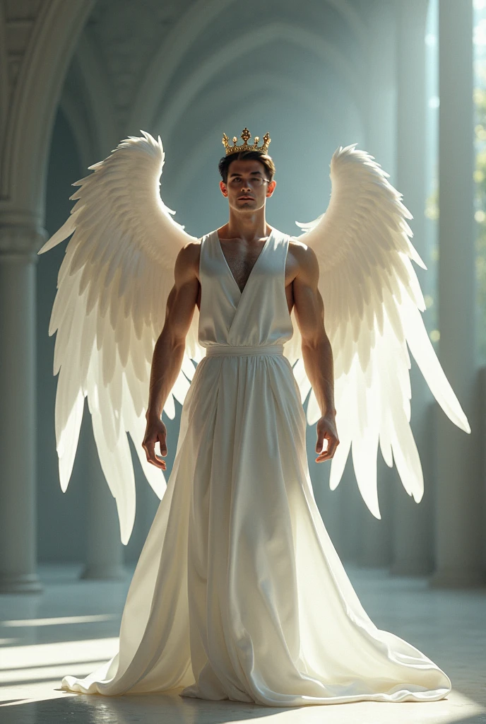 An angel of male gender, very big big, com asas very big bigs, on my knees inside a house in a bedroom, with a sword and with his face very bright to the point of emitting a very strong glow