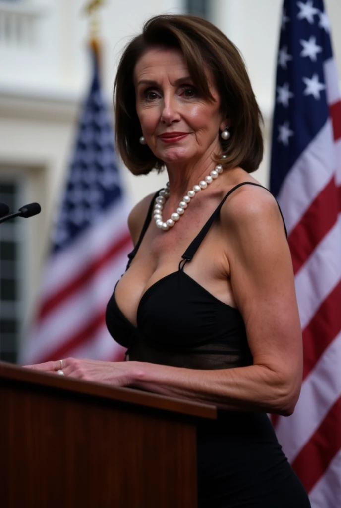 Téa Leoni with painted lips in a political speech completely naked and smiling