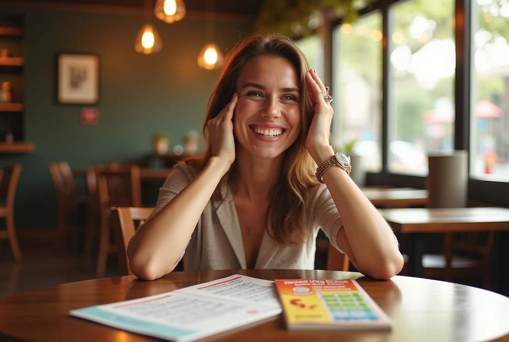 A 25-year-old woman sitting alone at a table, smiling, with a backdrop of colorful furniture. The camera is at a bird's-eye or zenith angle, showing the girl and the table from above. The scene is vibrant and cheerful, with a focus on the girl's happy expression and the bright colors of the surroundings