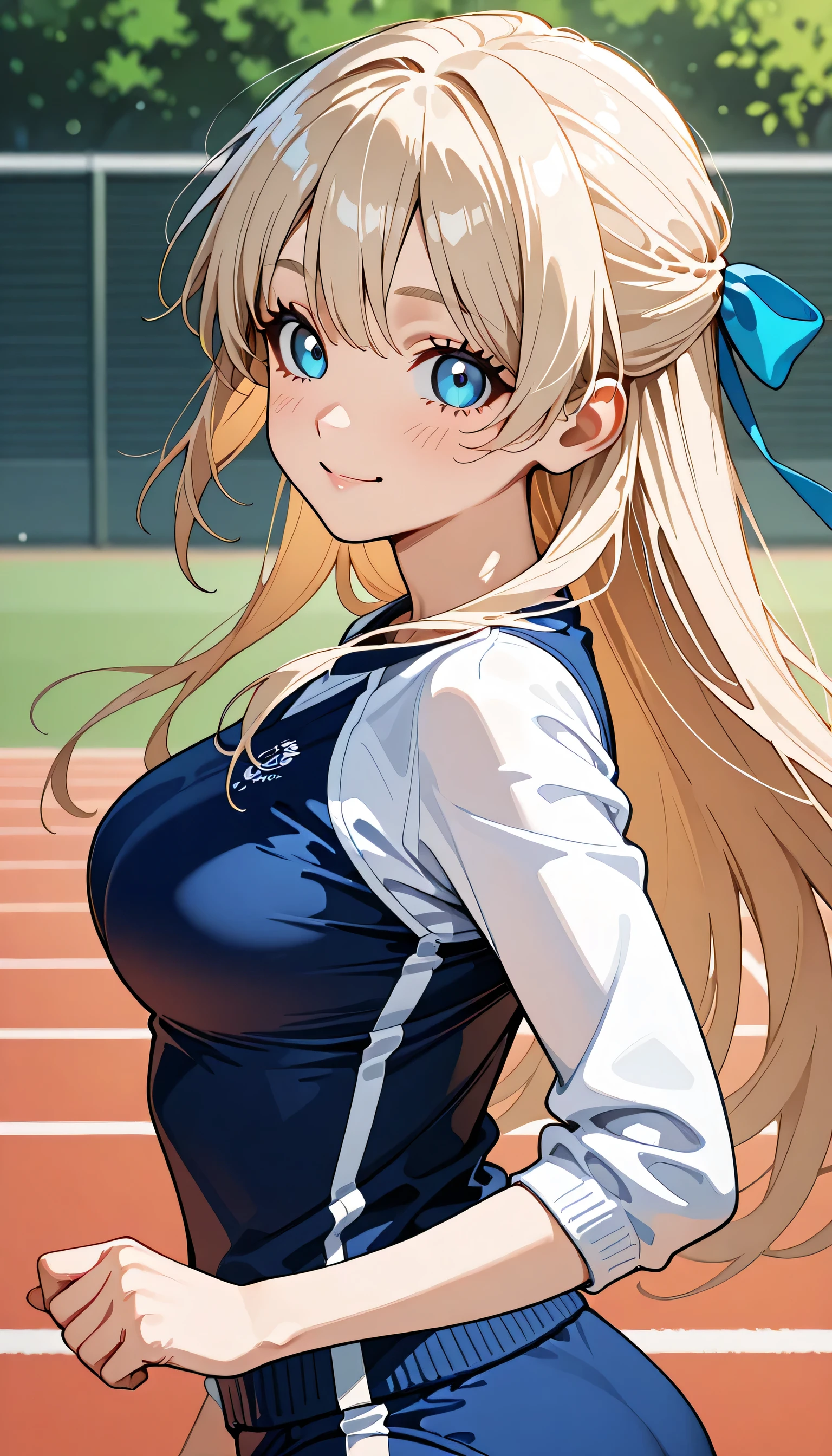 (score_9, score_8_up, score_7_up), source_Anime, absurd_res, white, blue, black, 1girls, solo, multiple girls, upper body, super fine illustration, an extremely delicate and beautiful, best quality, masterpiece, 8K, spring setting, on the school Athletic Festivalbeautiful detailed sky, flowers, gentle breeze, long silver hair:1.3, half updo:1.3, blue eyes:1.3, sagging eyes:1.3, hair ribbon with light red, ample breasts, white gymnastics uniform with Navy blue rim:1.3, navy blue school gym buruma, smile:1.3, blush:1.3, dynamic pose, contrapposto pose, from side, soft fabric movement, warm and bright atmosphere, soft lighting, delicate color palette, detailed clothing folds, flowing hair, lively spring vibe, highly detailed rendering, breathtaking composition,