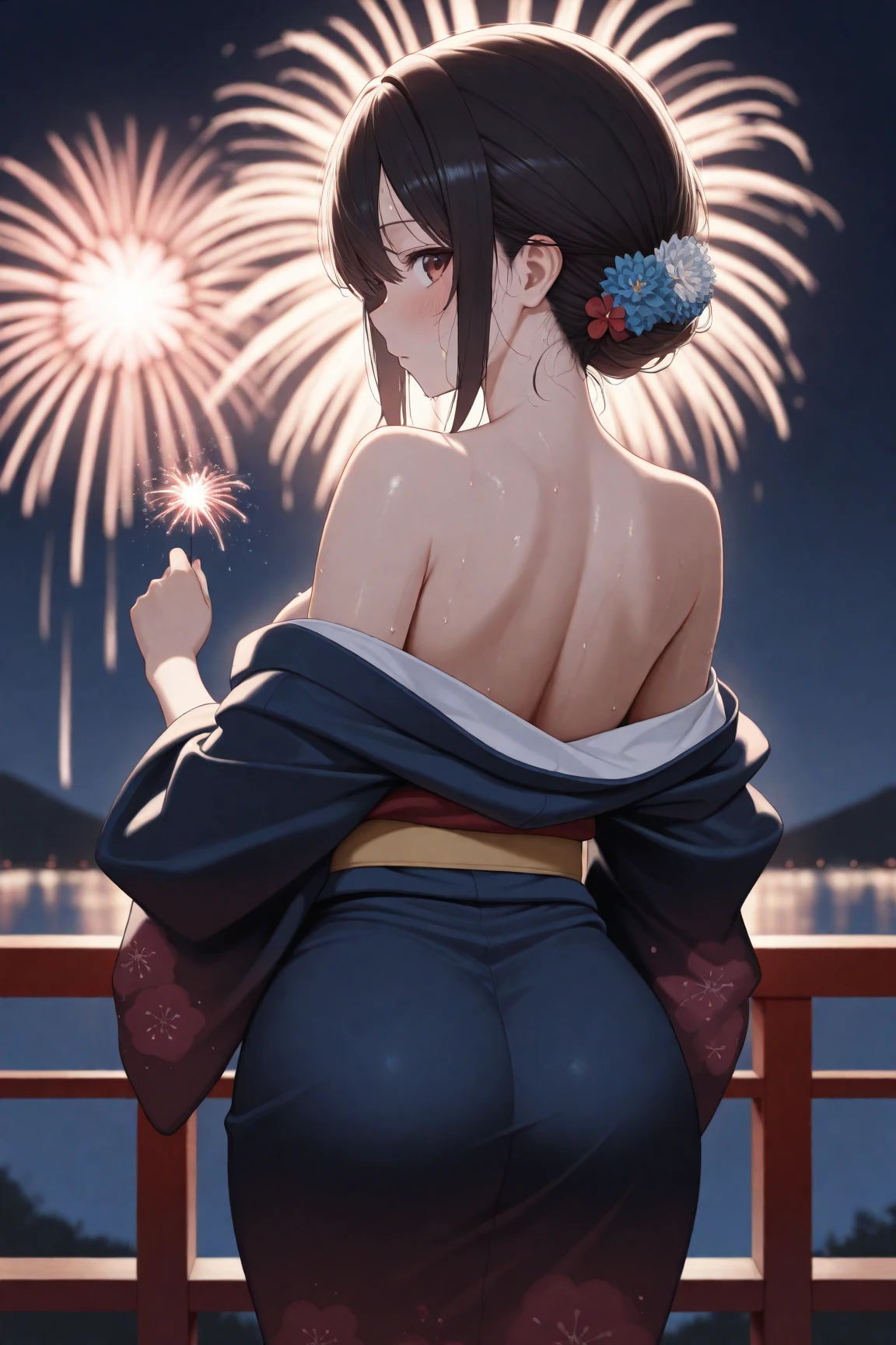 pieces fly、masterpiece、highest quality、Super detailed、High resolution、High resolution、8K portrait、Unity 8k壁紙のHigh resolutionCG、unity 8k wallpaper、cute type little:1.5、:1.5、Highly detailed CG unity 8k wallpaper、realistic、real person、cute type little、 portrait photography、shiny skin、High resolution、(16 years old:1.2)、(1 girl)、beautiful clear eyes、very detailed explanation、delicate face、nice lips、slender body、Same with big breasts thin waist、thin legs、(Fireworks Festival Venue:1.6)、((fog:1.4))、1 girl, cute type, perfect face, seriously, (blush:1.5),Same with big breasts,((kimono:1.2)),(bottomless:1.2),(asshole big anus:1.3), Detailed description vagina,Show butt hole、distress, blush:1.5, think back:1.5, (open anus:1.6),(retrospective perspective:1.2)