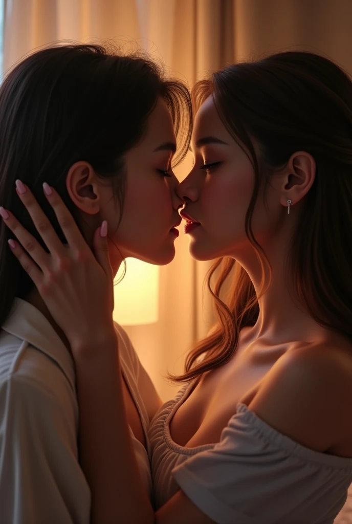 2 girls kissing, (extremadamente detallado, obra maestra, La mejor calidad), intense illumination, Armadura cyberpunk. Cyberpunk atmosphere, Cyberpunk background, mujer joven rubia. cuero y tachuelas. Intimate Wear. alas de fuego. Luz de caravaggio, Extremely detailed faces.(Extremely beautiful faces by World standars), full bodies