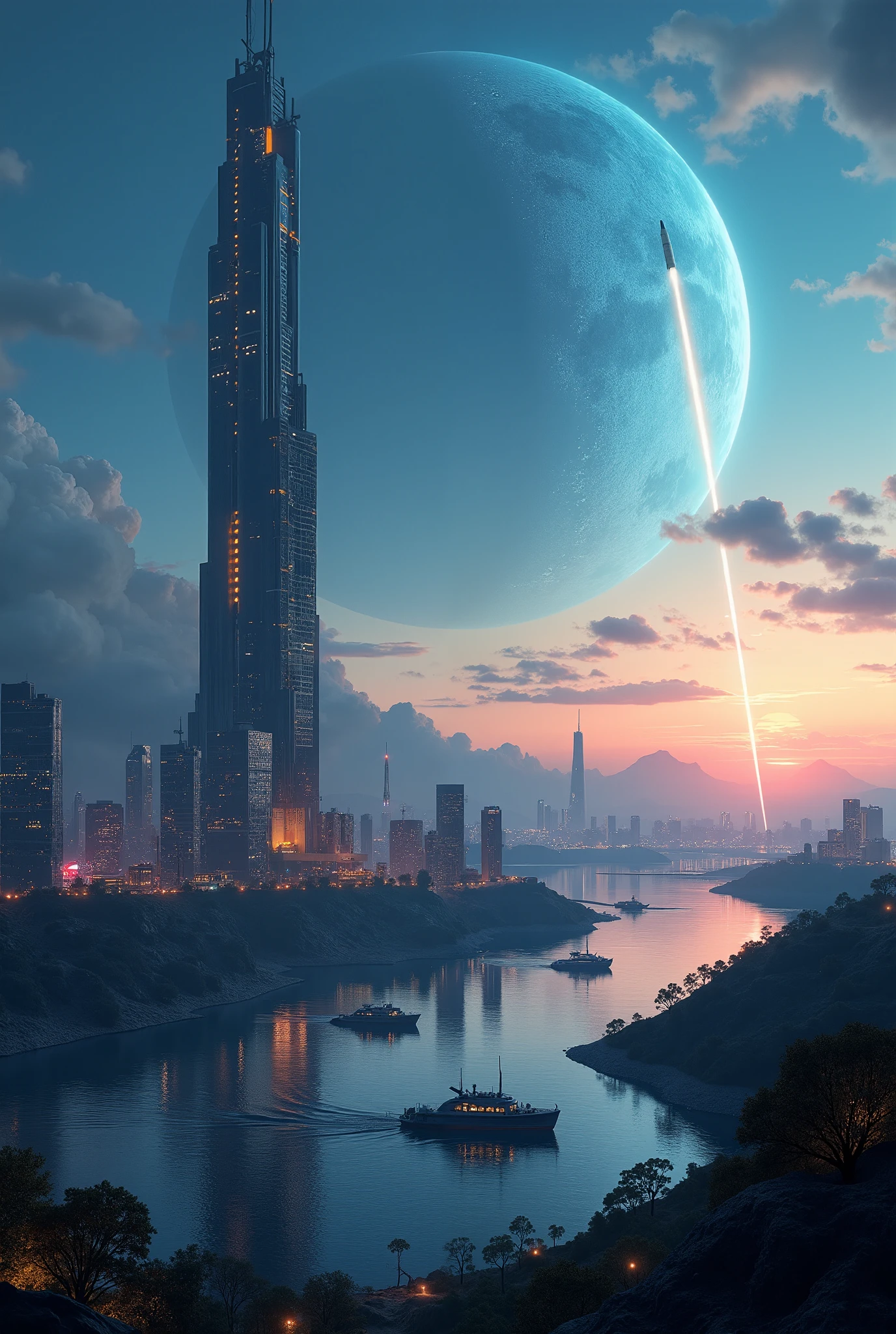 A science fiction city located on an alien planet, a blue gas giant can be seen in the middle of the sky, In the middle of the outpost is a tower with lit windows rising up into the sky made out of glass and steel. The tower is lit by the setting sun. The city is lit up by lights, Infront of the city is a small lake with futuristic boats sailing on it, a single space rocket lifts up into the night sky,