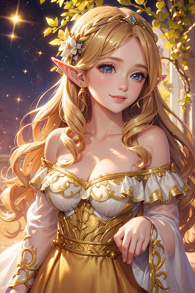 16 years old Ukrainian girl, psychedelic, super cute, beautiful facial features, hair accessories and necklace, huge Tits, rainbow wedding dress, petals, bubbles, glitter, stars, butterflies, 8K resolution, highest quality, highest quality, (Ultra HD), Super fine details, charming smile, Full body shot