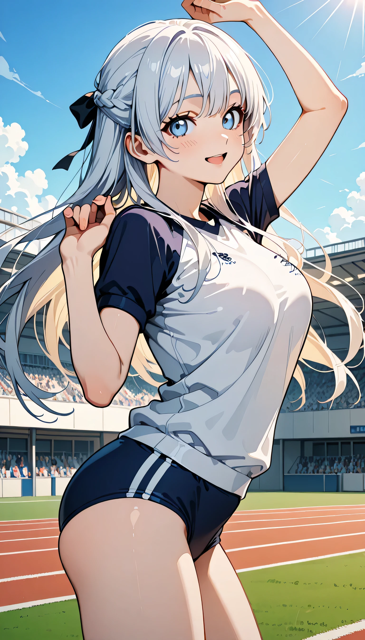 (score_9, score_8_up, score_7_up), source_Anime, absurd_res, white, blue, black, 1girls, solo, multiple girls, upper body, super fine illustration, an extremely delicate and beautiful, best quality, masterpiece, 8K, spring setting, on the school Athletic Festivalbeautiful detailed sky, flowers, gentle breeze, long silver hair:1.3, half updo:1.3, blue eyes:1.3, sagging eyes:1.3, hair ribbon with light red, ample breasts, white gymnastics uniform with Navy blue rim:1.3, navy blue school gym buruma, smile:1.3, blush:1.3, dynamic pose, contrapposto pose, from side, soft fabric movement, warm and bright atmosphere, soft lighting, delicate color palette, detailed clothing folds, flowing hair, lively spring vibe, highly detailed rendering, breathtaking composition,