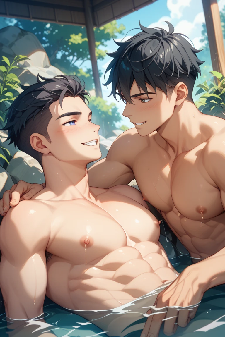 Handsome man with big cock, muscular, naked, in bathhouse, with a youn boy