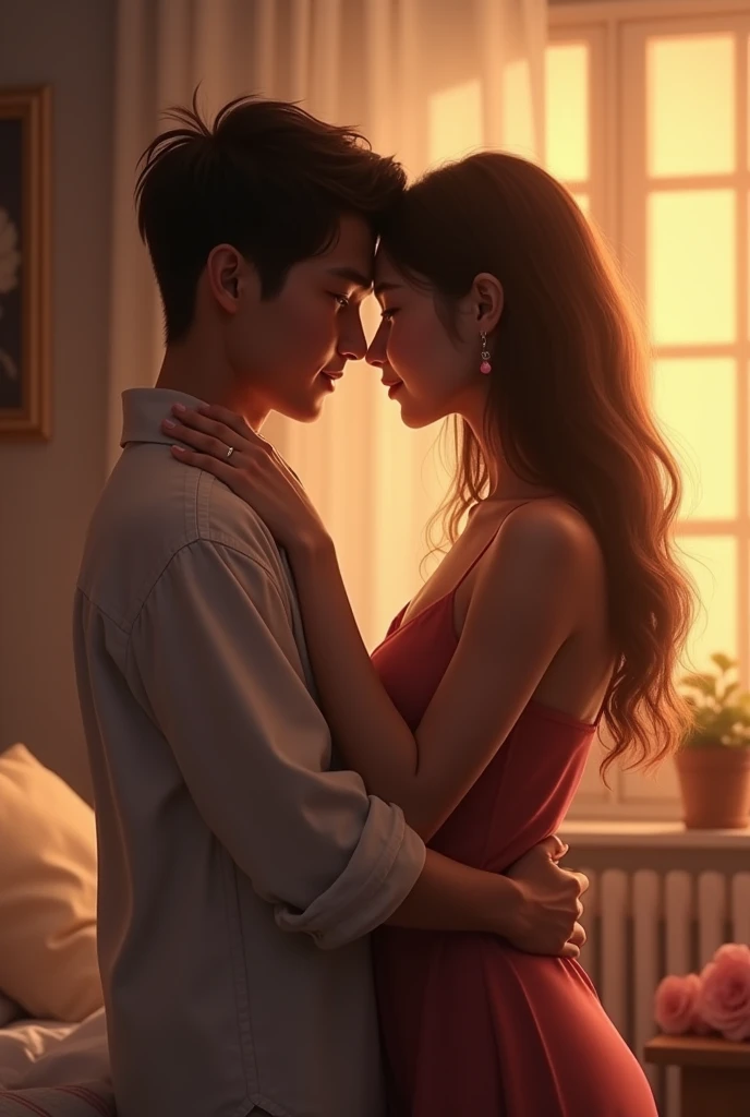 NSFW, a girl kneeling in front of a mans big , (((1 girl and 1man, couple, having sex))), (a man standing in front of a kneeling woman sucking his penis), (girl kneeling in front of a man:1.3), (woman sucking his penis), (1 girl: Very pretty 17 year old girl, stop of 1.26m (Brown hair ondulado semilargo, hits), by the neckline, Very attractive 18 year old boy,height of 180m, brown skin (Brown hair, short, curly, hits), with a t-shirt