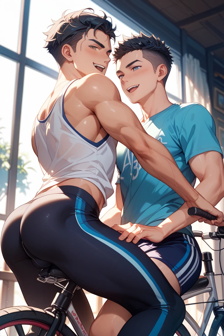 fictional made up Tom Holland lookalike, looking at phone, gasping, hand on low pelvis, leaning back on couch, white compression tank, white socks, feet view, light blue fitness trunks, full pockets, sfw, drenched, WHITE SLOBBER, high rise, warm natural evening light, city in the background