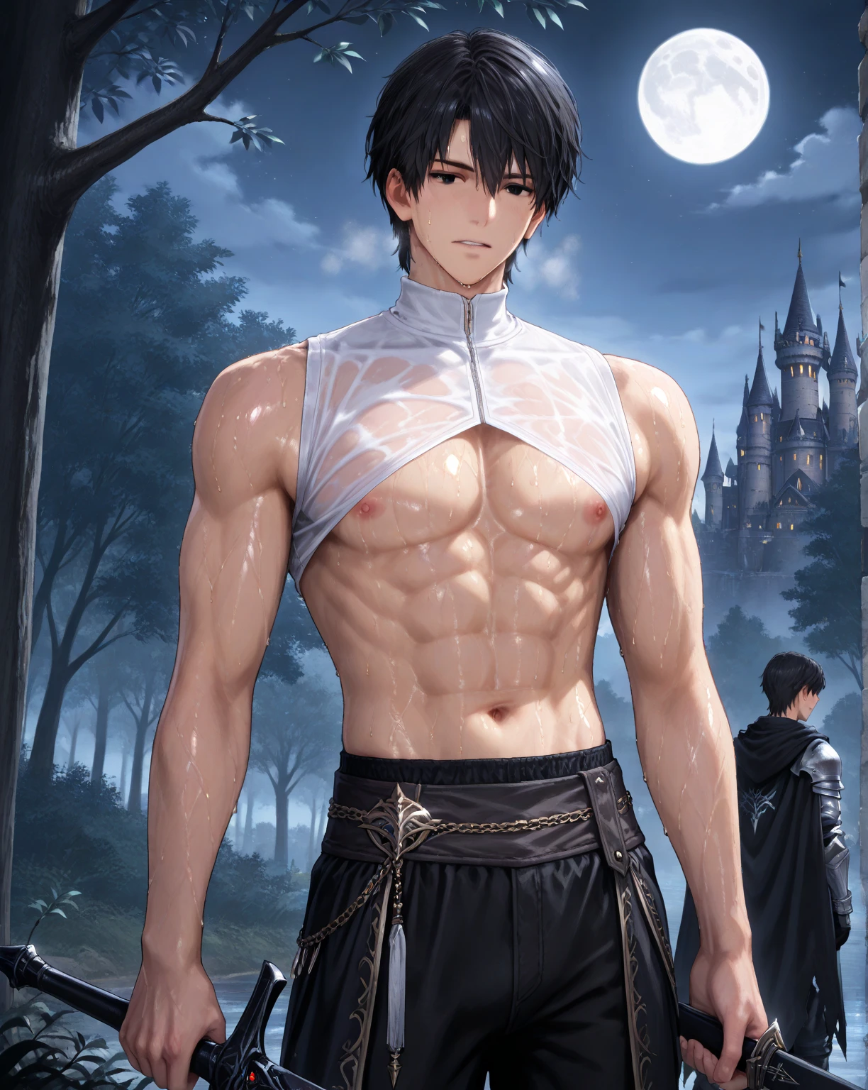 high quality, detailed, Realistic, (19 years old japanese idol maid boy), (detailed black eyes), (black short hair), (abs), (shiny skin), dungeon, (apron, head dress), (tiny thongs), (bulge:1.2), candle, (detailed nipples), detailed areola,
