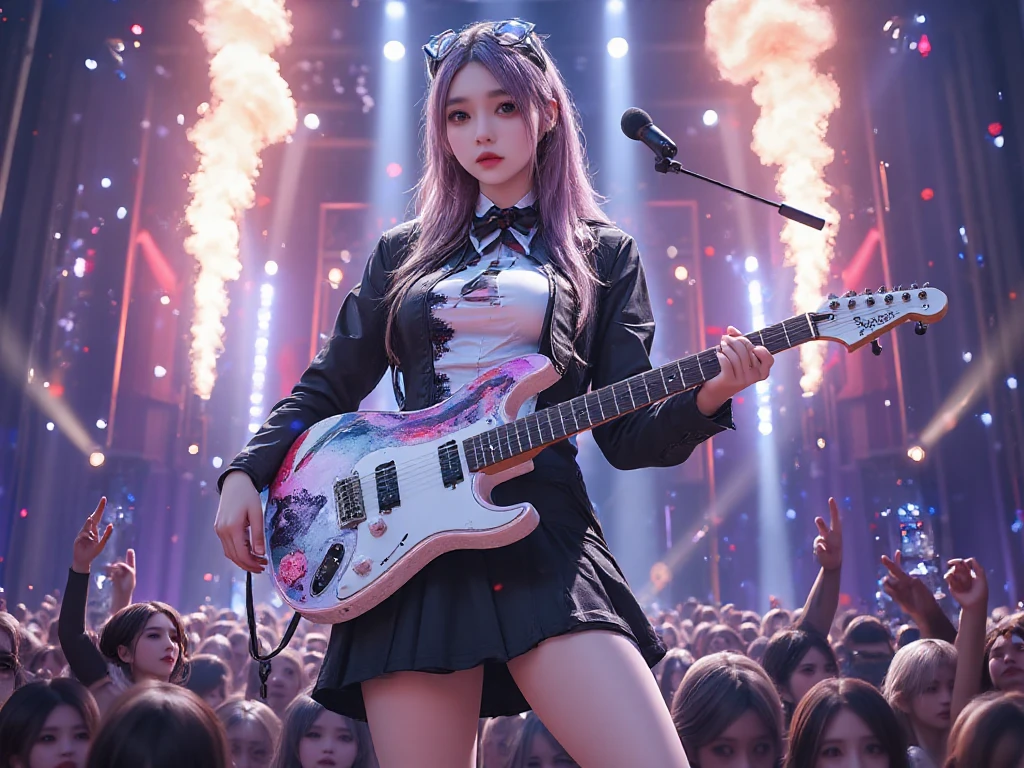 On a live stage, beautiful Japanese teenage band idols with big breasts and blue hair, wearing purple underwear, spread their legs wide and play the guitar.、Punk Fashion、Black leather jacket with studs