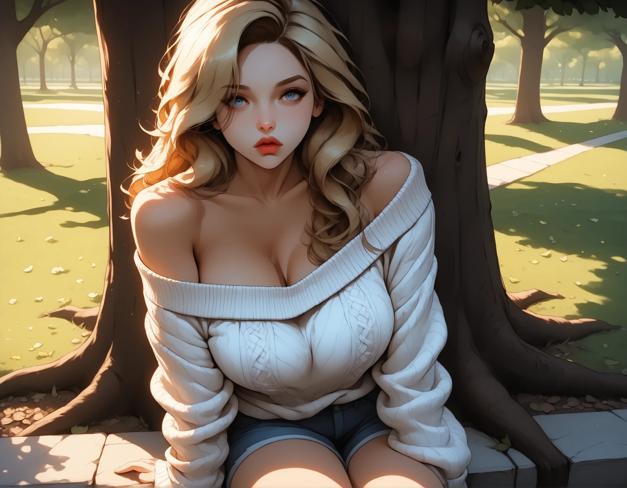(masterpiece:1.2), (best quality:1.2), ultra detailed, 8k, watercolor, cinematic lighting, volumetric_lighting, rim light, soft shadows, ((forced_perspective)), (Diminishing scale perspective:1.3), (1girl, blond_hair, long_hair, lips, full_lips, large_breasts) BREAK (oversized_sweather, sweater_off_shoulder, black_sweater, shorts) BREAK (outdoors, park_background, shadows, sitting_Against_tree), (lora:Yandere Queen:0.85), (lora:Detail Tweaker XL:0.65), (lora:Fantasy Western Anime:0.45), (lora:Dark Realism (Anime):1.0), (lora:Dramatic Chiaroscuro:1.0), (lora:Vampire Hunter D Bloodlust Style [Pony XL]:0.3)
