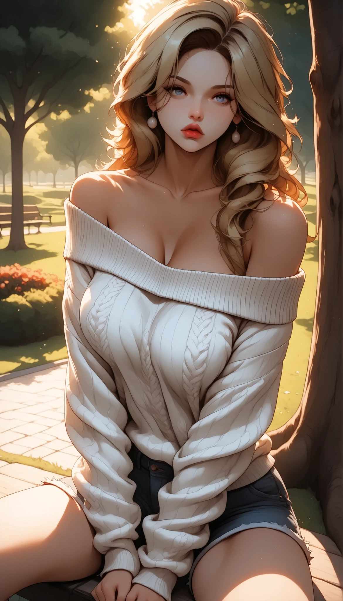 (masterpiece:1.2), (best quality:1.2), ultra detailed, 8k, watercolor, cinematic lighting, volumetric_lighting, rim light, soft shadows, ((forced_perspective)), (Diminishing scale perspective:1.3), (1girl, blond_hair, long_hair, lips, full_lips, large_breasts) BREAK (oversized_sweather, sweater_off_shoulder, black_sweater, shorts) BREAK (outdoors, park_background, shadows, sitting_Against_tree), (lora:Yandere Queen:0.85), (lora:Detail Tweaker XL:0.65), (lora:Fantasy Western Anime:0.45), (lora:Dark Realism (Anime):1.0), (lora:Dramatic Chiaroscuro:1.0), (lora:Vampire Hunter D Bloodlust Style [Pony XL]:0.3)
