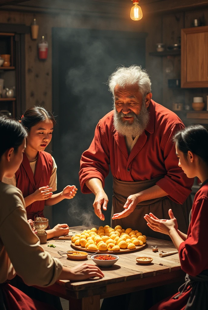 Family Reunion Dinner,Men honor their fathers with gifts in their hands, Happy family, There are dumplings on the table,Spring coupling in hand, Fuzi tea and red lanterns, Another bright moon in the sky,Blessing of the Confucius Temple,Cultura Qilu,atmosfera calorosa e alegre, digital illustation, poster illustration, cabrito, , digital illustrations , chinese style painting, , exciting illustration。