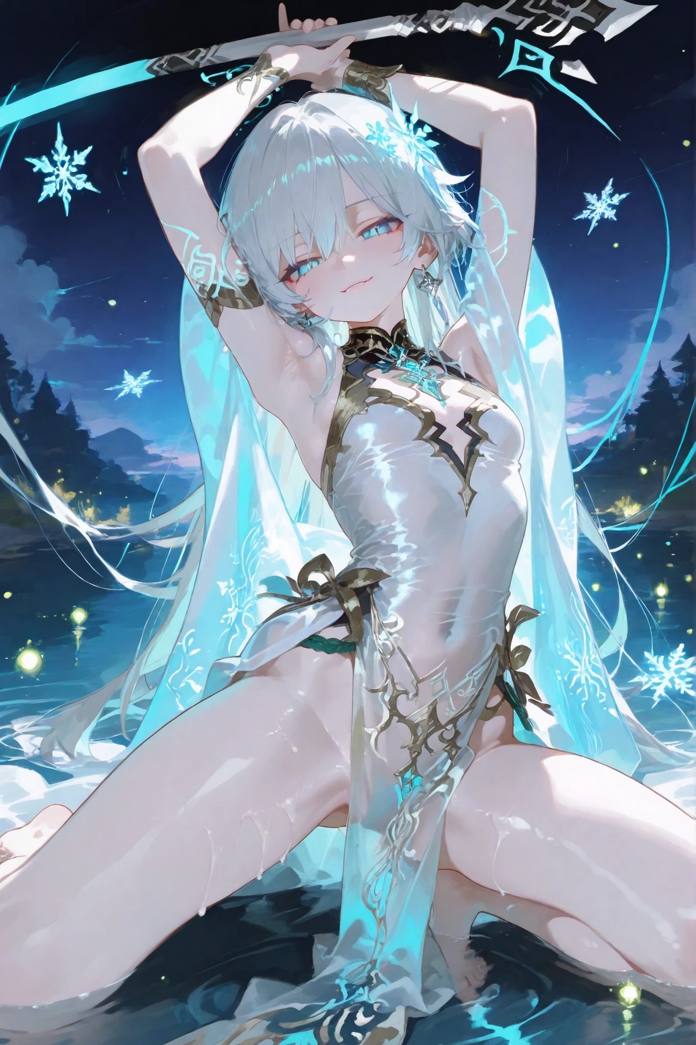 young slender mythical femboy, soft glowing porcelain skin, long flowing silver hair that cascades gently around her shoulders, delicate strands shimmering like moonlight, ethereal, with a gentle aura, luminous ice-blue eyes that glisten like stars, wearing a flowing translucent gown made of shimmering light fabric, accented with glowing soft gold and silver threads, the gown’s hem softly trailing on the ground, intricate patterns of snowflakes woven into the fabric, soft glowing light emanates from her gown, she stands barefoot on a serene lake, water perfectly still around her, gentle ripples spreading as she moves, graceful and poised, her arms raised in a delicate, fluid motion, as if she’s performing an ancient, tranquil ritual, soft clouds surrounding her, distant mist rising from the water, serene and peaceful moonlit sky, subtle glowing lights like fireflies surrounding her, anime-style, highly detailed, serene mythical energy, otherworldly beauty and elegance  deep gay manly fighting pose, wide boy legs spread like a Jack-O' pose, one hand on the ground, other hand, holding a mythical blue and black pixelated double-edged scythe, vibrant luxury fantasy room background, holographic lights, anime-style, bright, detailed, magical combat atmosphere, shiny skin, powerful alternative fashion style, front body pose, with an evil smirk, cum, soft skin detail smooth
