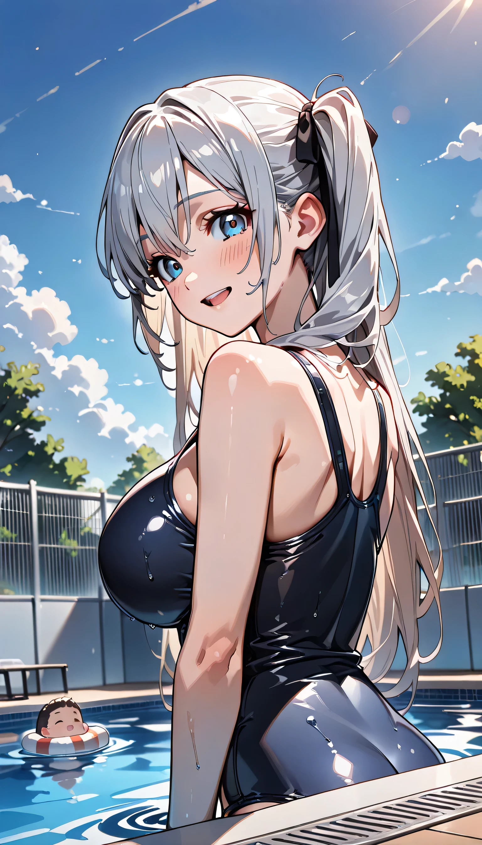 mastute piece,Best Quality,insanely detailed,8k cg,nsfw,
(shoot upper body:1.3),
(1girls:1.3),standing,looking at viewr,body in front,both arms behind back,(school competition swimsuit:1.3),(bare :1.1),(bare nipplesbreak,
blush,shy,(ecstasy face),ing:1.2),break,(light white hair:1.2),
break,
perfect breasts,perfect teatsmouth:0.9),(large breasts:1.2),
(poolsaid)、