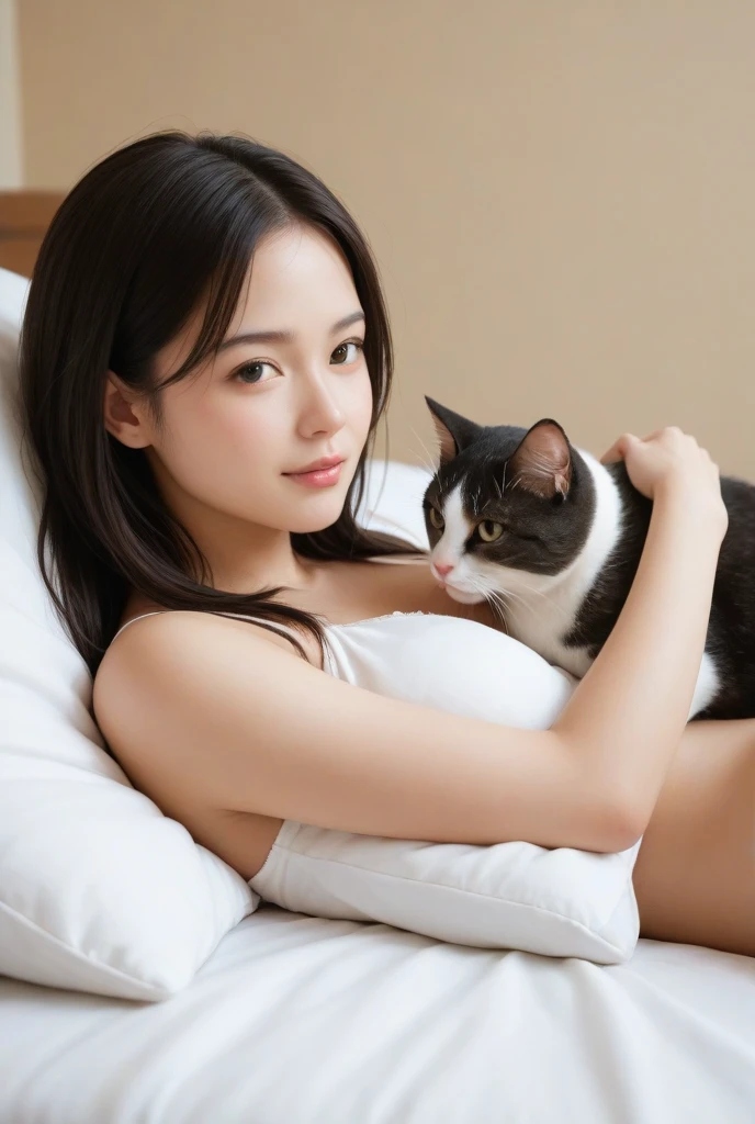 A cat crying with tears streaming down its face, lying on a bed