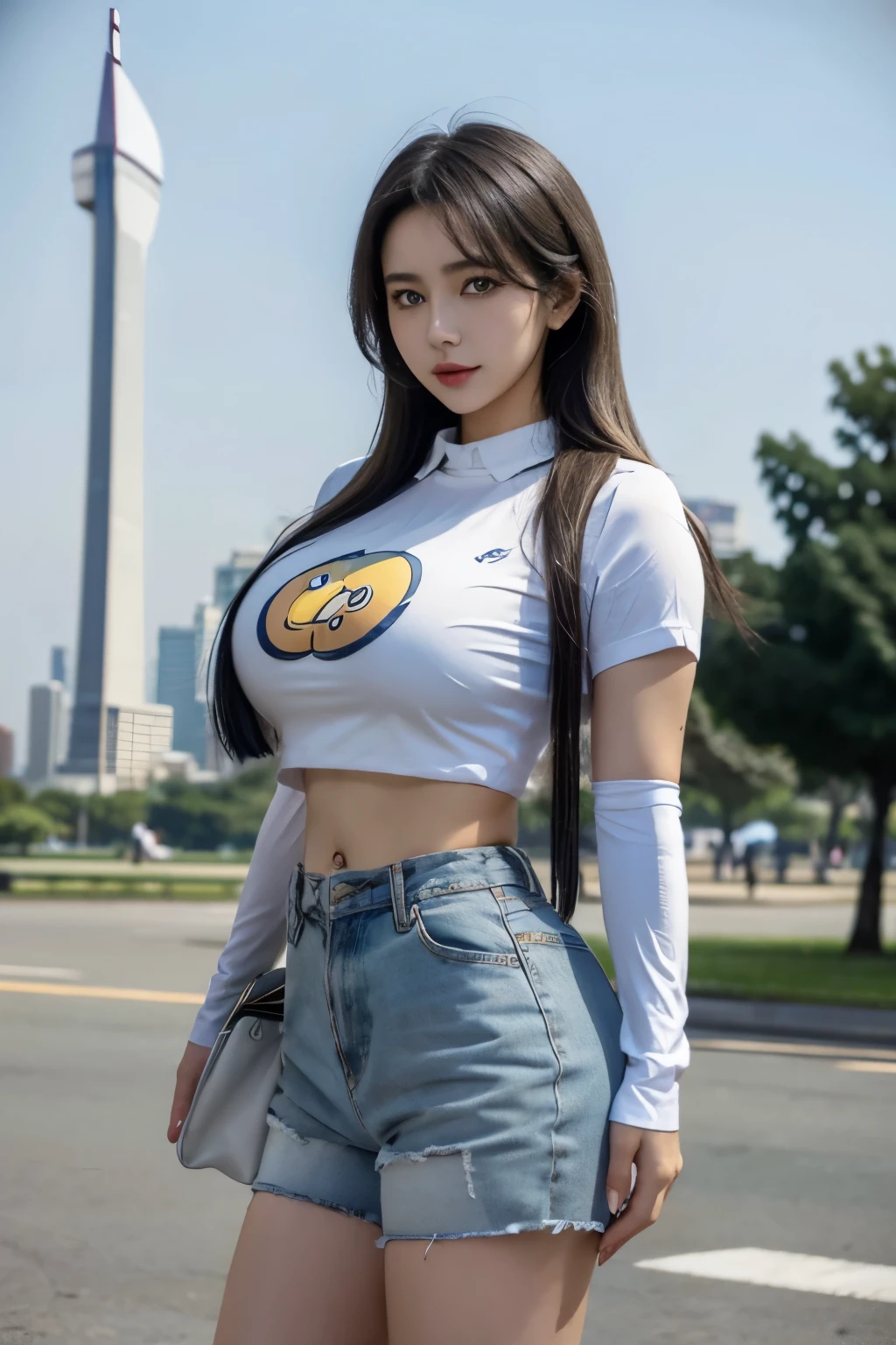 Idol,gravure, beautiful girl,Take a picture in monas jakarta , using a shirt with pokemon picture,Big Breasts, big breasted ,