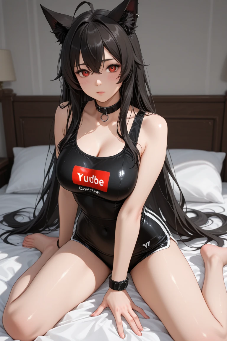 high-level image quality、masterpiece、8K、detaileds、1 persons、独奏、teens girl、One person on the screen、Uma Musume(hishi amazon)、Dark black hair、Bangs are in the center、the hair in the center is long、Very long black hair、waist-length hair、Long straight hair、cuticle、elder sister、Hair fastening with red ribbon on the left、very long pointed horse ears,、Full body like、Dark red eyes、Thin eyebrows、Sharp eyes、Sanpaku eyes、Strong-minded、huge smile、Fluffy smile、Breast of super-large hardness、Blue High Leg Swimsuit、swimsuit shiny、Mature Woman、big sister、Pichi Pichi swimsuit、 show through、Pubic hair soothing、 is standing、full of sweat、perspiring、Love Juice、Raise your hands up、Grab your head with both hands、M-shaped legs、lying back on、Supine position、The gaze is watching the viewing、Open your mouth、Lying on the floor、in a house、Daytime、uminoie、Red cheeks、excited、Ecstatic look、Imarathion
