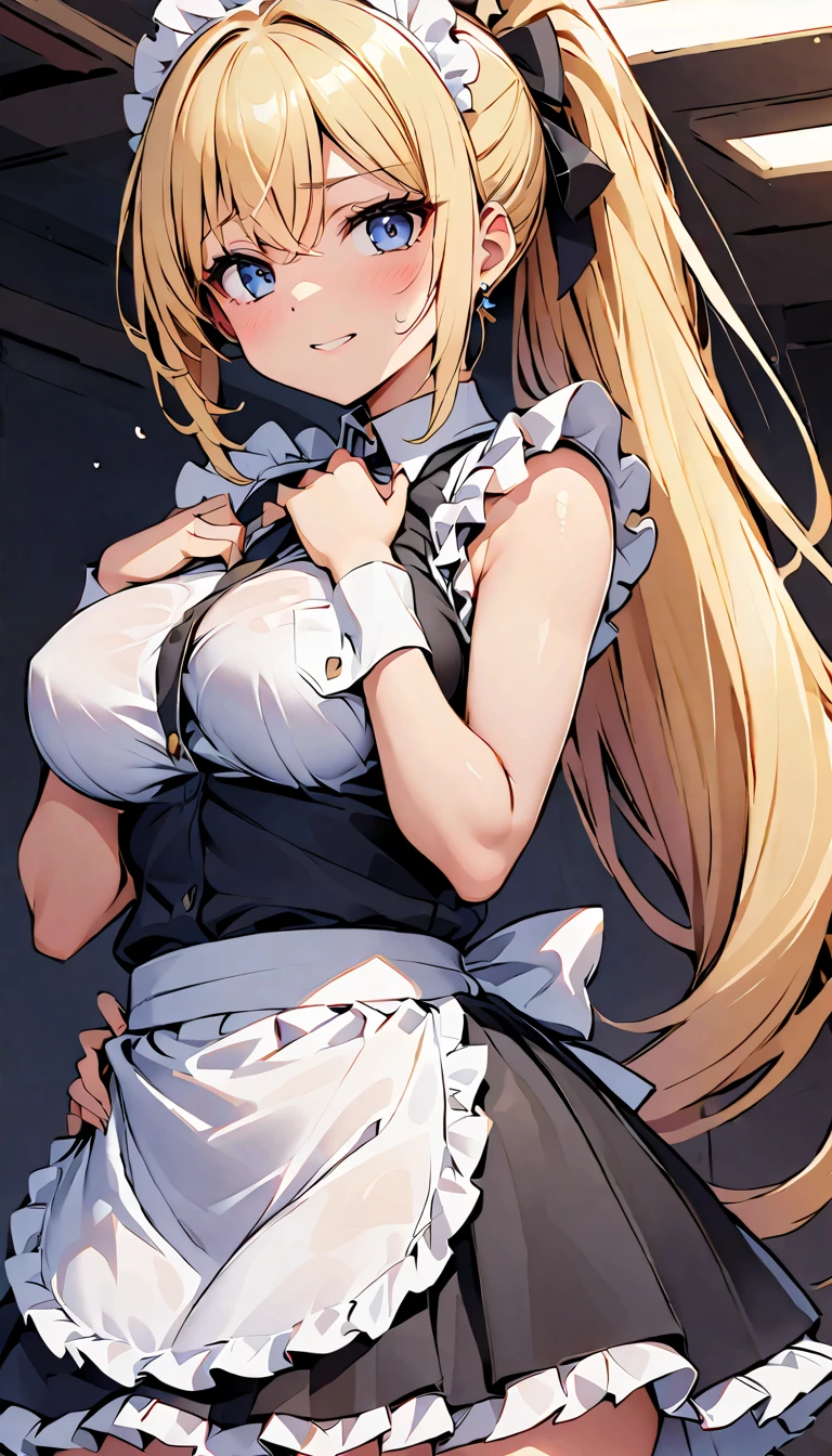 score_9, score_8_up, score_7_up, rating_explicit, 1girl, 1 boy, solo, MahiruShiina, otonari no tenshi-sama ni itsu no mani ka dame ningen ni sarete ita ken, shiina mahiru \(otonari no tenshi-sama\), yellow eyes, one eye closed, furrowed brow, blonde hair, maid headdress, long hair, straight hair, medium breasts, detached white collar, black bowtie, frilled black dress, puffy short sleeves, frilled white maid uniform, one breast out, white wrist cuffs, black front-tie corset, frilled white maid apron, black thighhighs, groping, clothing aside, holding another's leg, white panties, panties aside, hetero, looking at viewer, indoors, standing sex, vaginal, blush,