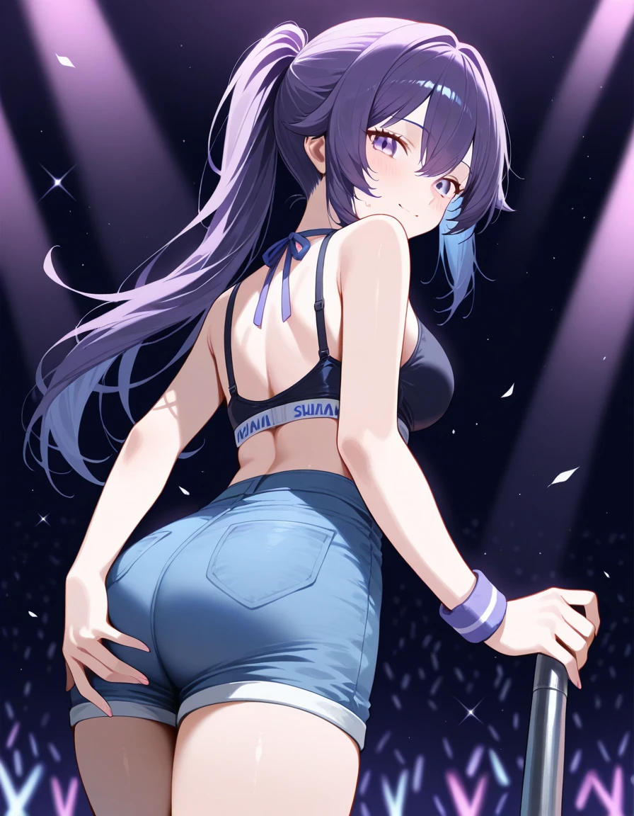masterpiece, best quality, ultra detailed, 1girl, cute, microphone, realistic, underwear, (panties:1.5), Idol, standing, looking at viewer, (looking back:1.3), ( from behind:1.4), on stage, indoor, in public, (flat chest:1.3),  straight hair, (two side up:1.2), blue eyes, smile, solo, Idol dress, holding microphone, upskirt, cowboy shot