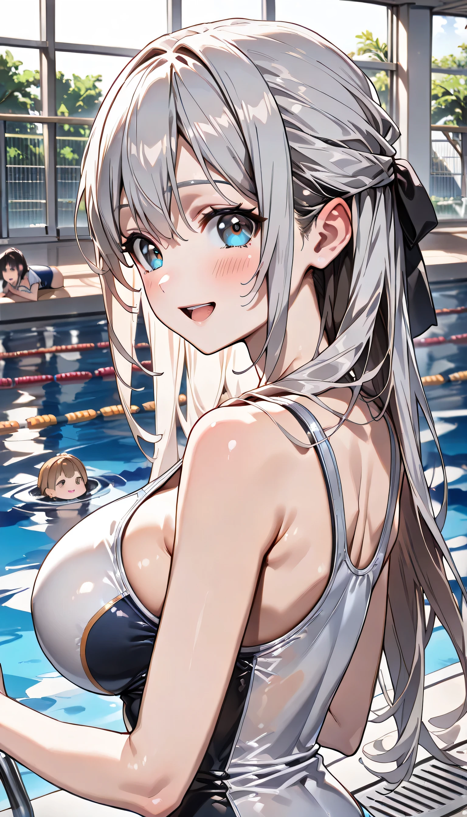 White competitive swimsuit Purple long hair Great style Large breasts blush Embarrassed School swimming pool