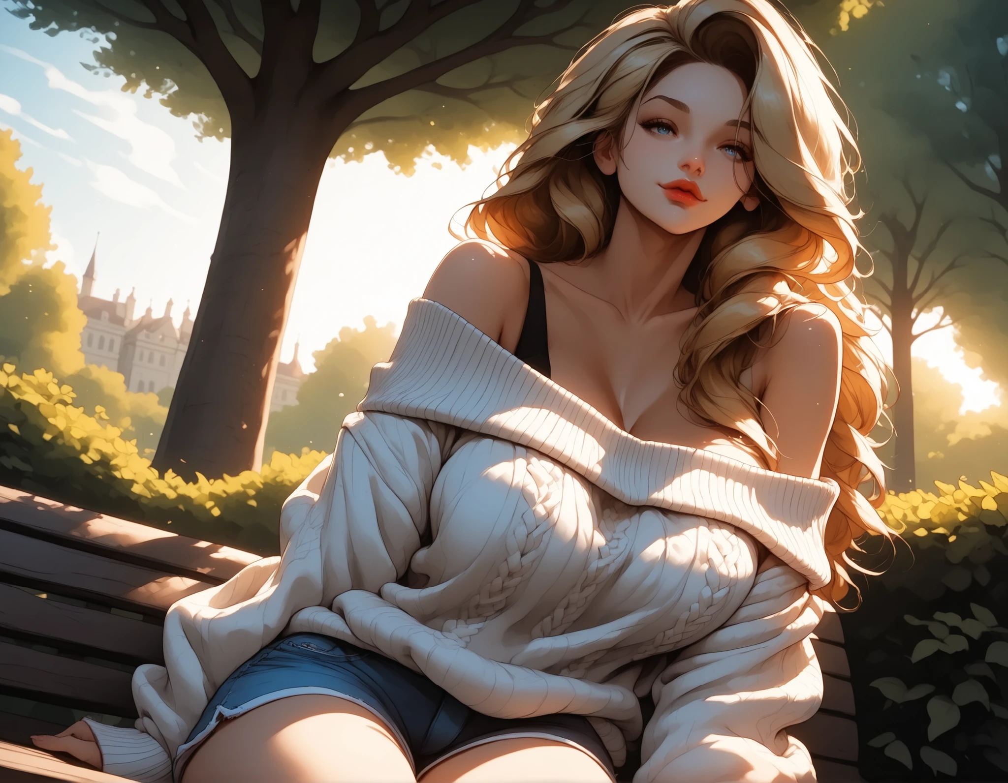 (masterpiece:1.2), (best quality:1.2), ultra detailed, 8k, watercolor, cinematic lighting, volumetric_lighting, rim light, soft shadows, ((forced_perspective)), (Diminishing scale perspective:1.3), (1girl, blond_hair, long_hair, lips, full_lips, large_breasts, soft_smile) BREAK (oversized_sweather, sweater_off_shoulder, black_sweater, shorts, closed_book_in_lap) BREAK (outdoors, park_background, shadows, sitting_Against_tree), (lora:Yandere Queen:0.85), (lora:Detail Tweaker XL:0.65), (lora:Fantasy Western Anime:0.45), (lora:Dark Realism (Anime):1.0), (lora:Dramatic Chiaroscuro:1.0), (lora:Vampire Hunter D Bloodlust Style [Pony XL]:0.3)
