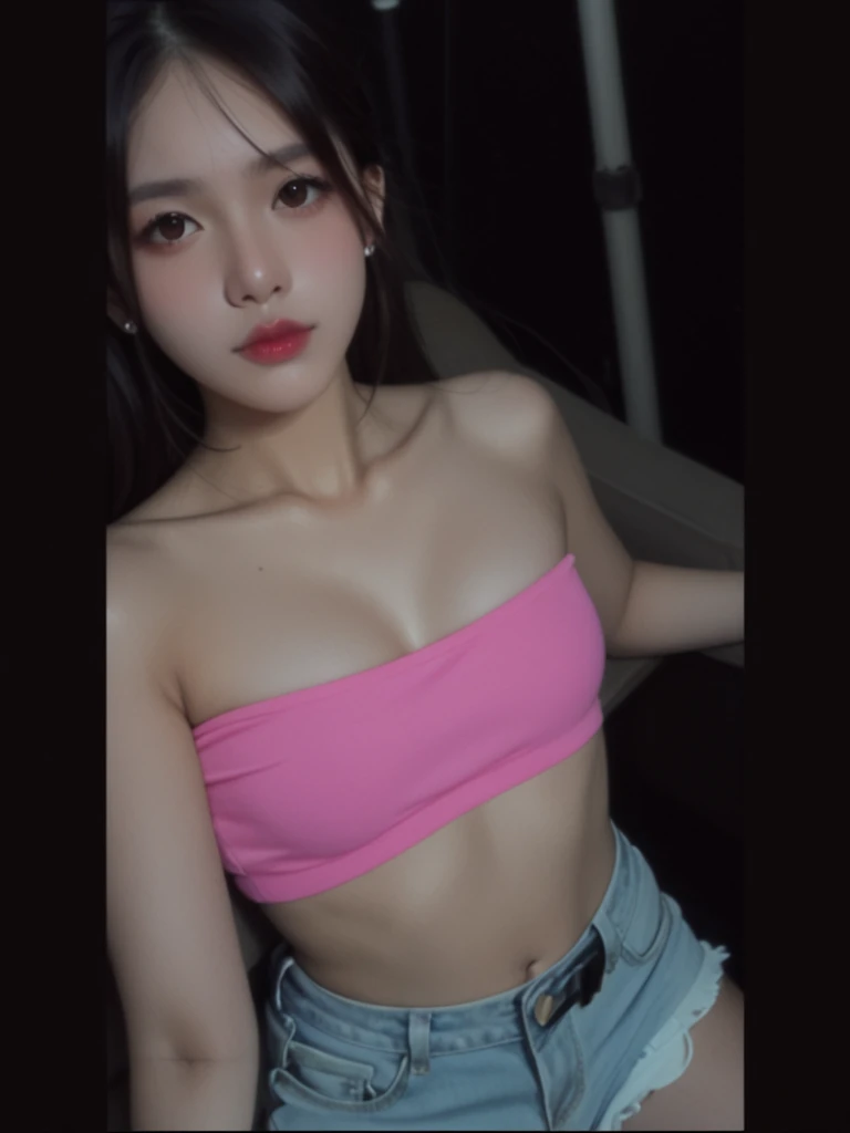 ((Best quality, 8k, Masterpiece :1.3)), 1girl, Pretty woman with slender abs, (Long hair, Ultra-detailed face, Detailed eyes, Double eyelid), small breast, pink tank top, shorts jeans, dynamic lighting, depth of field, model pose, people crossing in background