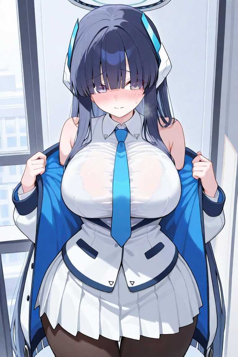 mine(blue archive),1girl,solo,halo,super huge breasts,looking at viewer,near,standing up,in room