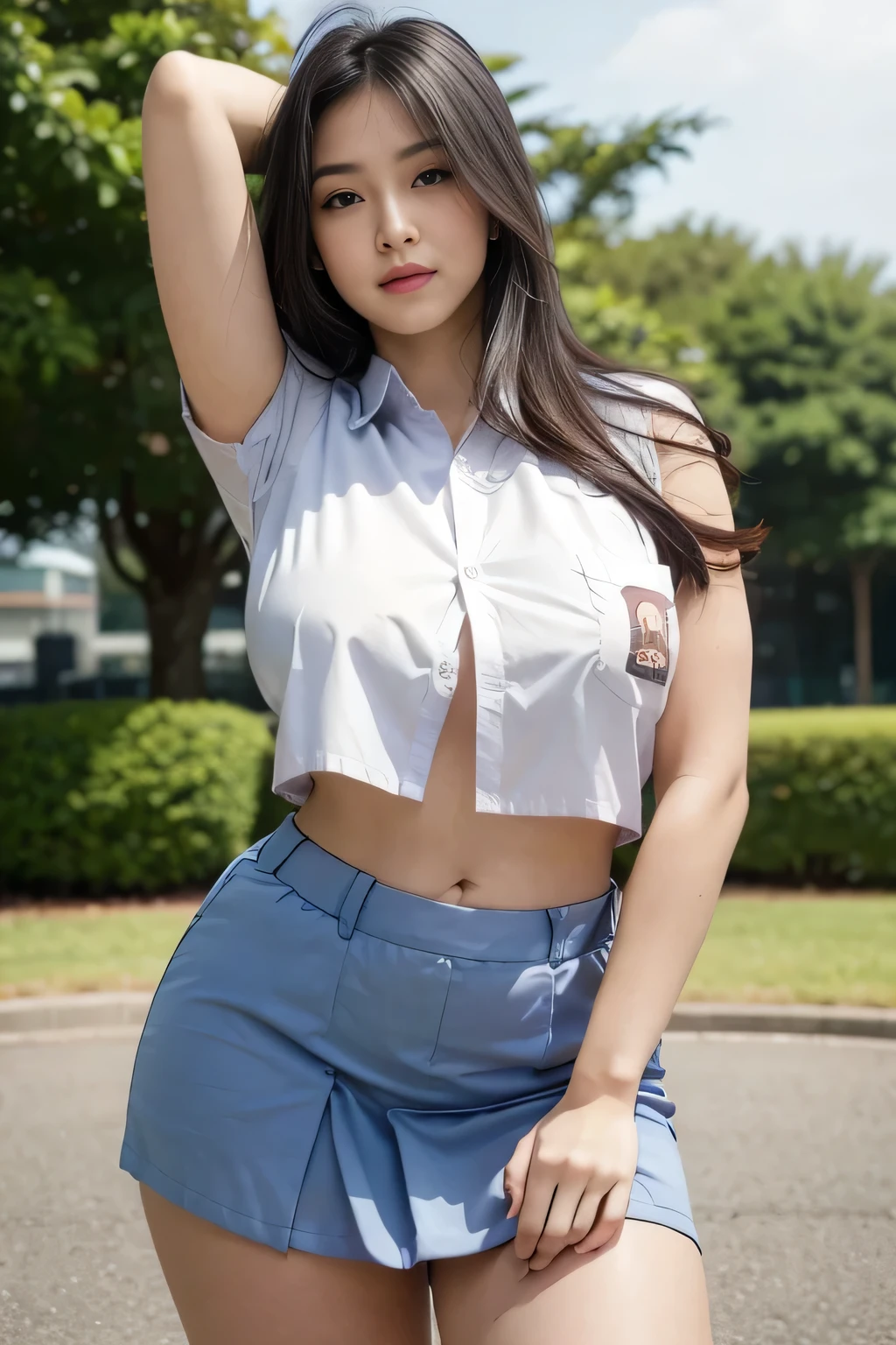 1girl, (Indonesian_high_school_uniform), distance from audience, detailed face, detailed eyes, huge breasts, breast out, detailed skin, looking at Viewer, clear light, (8k, RAW photo, best quality, masterpiece: 1.4), (realistic, realistic: 1.37), ultra-high resolution, photorealistic, high resolution, solo, wide muscular hips, realistic face, (detailed face), sexy pose, black hair Color, view from below, (busty), clean armpit, six pack belly, large breasts, full body angle, 19-years-old-girl, perfect thighs, muscular thighs, muscular arms, standing in the middle of park, wearing sexy short skirt, wearing tight closed-button shirt, asian goddess, long hair, straight hairstyle, muscular belly, thick wide muscular hips, muscular arm, full body view, curvy body, tall body, smooth body, smooth legs, smooth skin