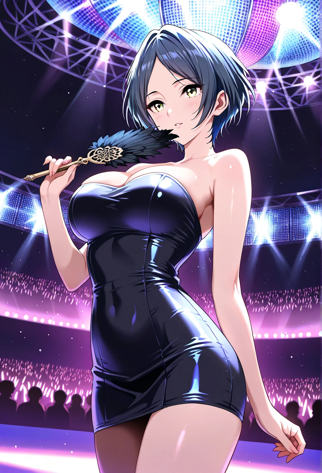 <lora:yokota-style_v1.0:1>, ((masterpiece, high quality, best quality)), <lora:fubuki:0.8>, fubuki(one punch man), green eyes, (large breasts:1.1), dark green hair, short hair, ,(laced gala elbow high gloves:1.2), (black lace trimmed thighhighs:1.2), garterbelt, lace trimmed bra, (necklace:1.1), (Lingerie:1.2), (high heels:1.2), lipstick, eyeliner, makeup, , portrait shot (very pale skin:1.2) woman, shimmer lipstick, {pink nipples|brown nipples} (huge nipples, large areolae:1.2) <lora:HugeNipples:1>, (bouncing breasts, unaligned breasts, <lora:bouncingBreasts_v1:0.8>), singing, with a microphone or without, in a recording studio, on stage, or in a natural setting, she might be belting out a ballad, hitting high notes, or harmonizing with a group, with her eyes {open|closed},