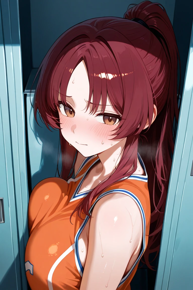 mastute piece,Best Quality,insanely detailed,8k cg,????,
(shoot upper body:1.3),
(1girls:1.3),standing,looking at viewr,body in front,both arms behind back,(basketball uniform:1.3),(???? ???????:1.1),(???? ???????:1.1),
break,
blush,shy,(??????? face),(trembling:1.2),break,(light red hair:1.2),
break,
perfect ???????,perfect teats,(open mouth:0.9),(?????????????:1.2),
(basketball court)、