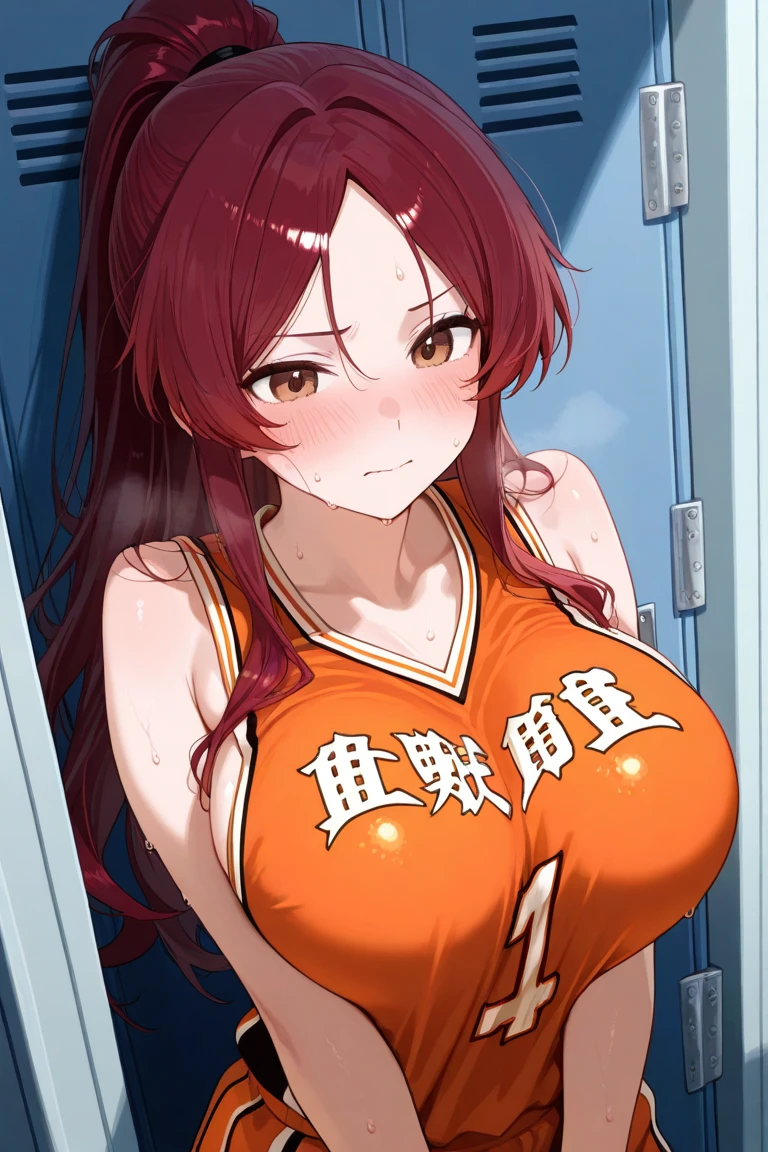 kondou taeko, breasts,sportswear, large breasts, huge breasts,red headband, sleeveless, navel,midium hair,
(best quality, masterpiece, RAW photo,ultra-detailed:1.2), 1girl,solo,looking at viewer,smile