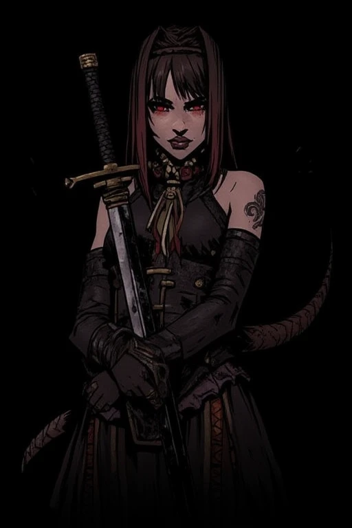 a close up of a woman with a sword in a tunnel, inspired by Masamune Shirow, jamie hewlett art, by Jamie Hewlett, by Masamune Shirow, by shirow masamune, style of masamune shirow, tiefling, inspired by Jamie Hewlett, iren horrors, tank girl