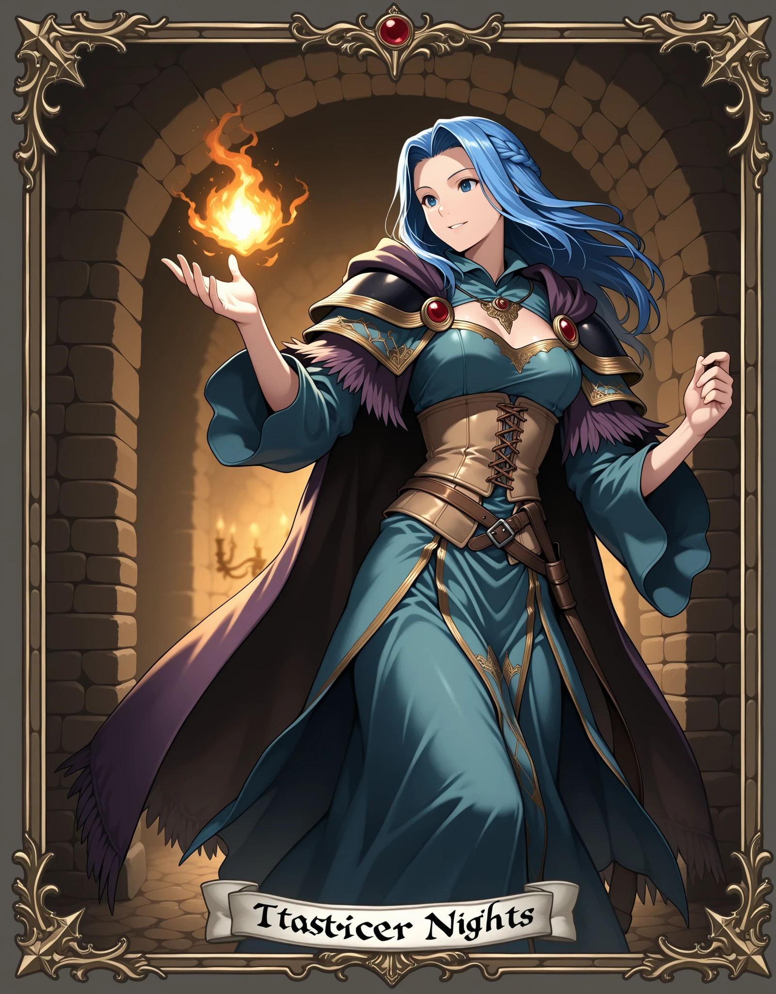Tactics Ogre style,Medieval Fantasy Style、bluel hair, sorcerer,in a dynamic pose、nostalgia,『Sleepless nights』