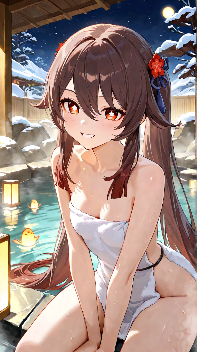 1 girl, Hu Tao, Genshin Impact, tiny black Bikini, onsen,