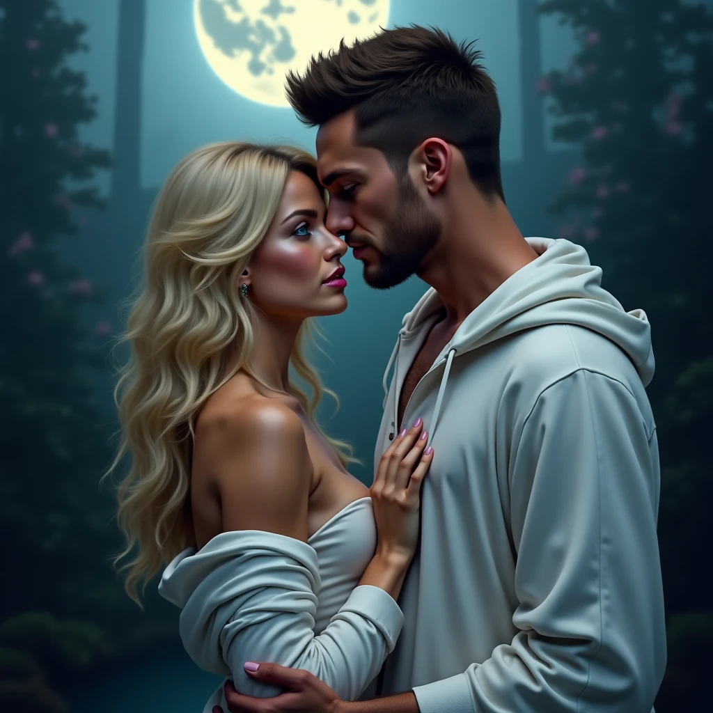 Beautiful blonde girl with Nordic features, upturned nose, blue eyes, full lips with red lipstick, makeup, big breasts boobs, nun dress white sexy  lifting up her dress he shows that lets you see through pink leopard thong night club, man fucks she doggy style on the gaming table, church with a balcony showing the full moon at night
