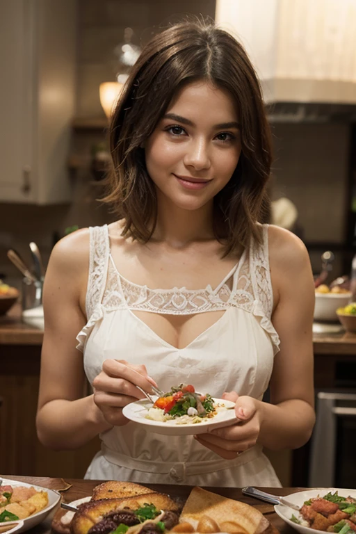 Stunning and hyper-realistic images showcase the menu design "And he said", The main focus is on a cheerful plump woman with short hair, combed neatly, wearing a chef&#39;s hat, give a thumbs up and make very realistic fun movements. ((Paket ini berisi mangkuk plastik transparan yang diisi dengan My ayam lezat. Chicken noodles contain small pieces of cooked meat. At the bottom you can see the vegetables, My, tomato slices, omelette. Each bowl is decorated with celery leaves. The bowl is placed on a white tray. The overall presentation should be lively and visually appealing)). The backdrop is a cozy kitchen with soft lighting, featuring fine kitchen equipment. The overall art style is bright, detailed and realistic, displays packaging and food with striking product textures.