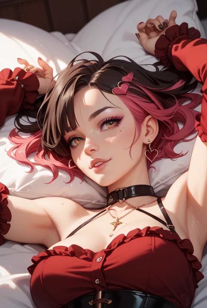 A vampiress seductress is caressing her body, close up on her hands as she caresses herself, foggy bedroom, lying on bed