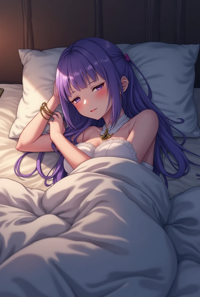 Lilac long-haired girl,Lying on the bed in underwear,One hand covers the chest