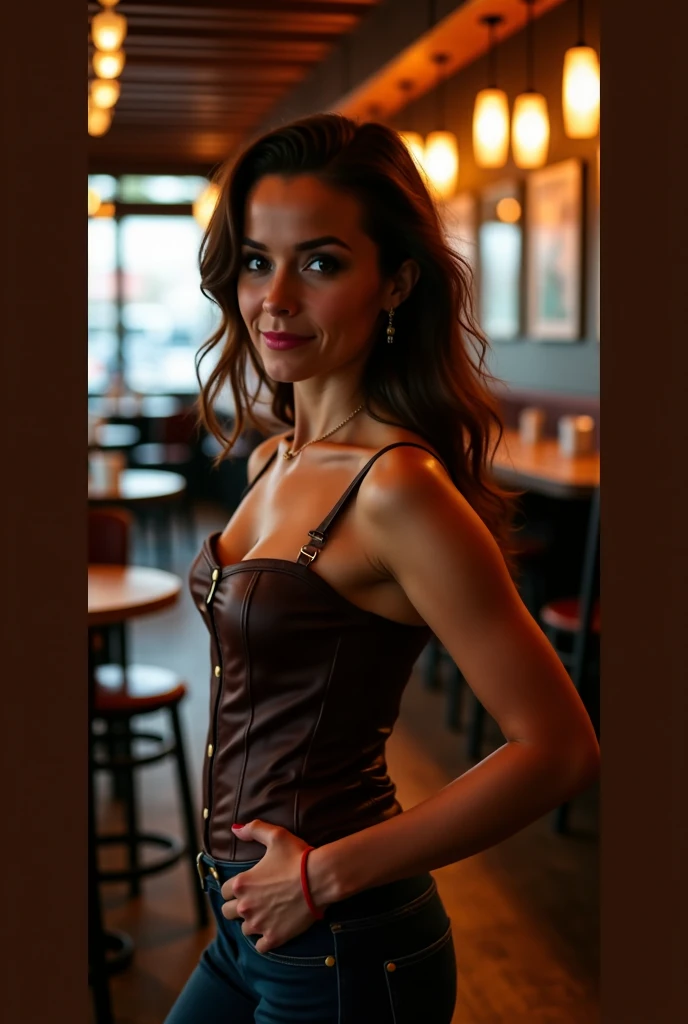 ultrarealistic high quality full body photo of a beautiful busty slim european 18-year-old woman with cute hyperdetailed shy face and natural blonde straight long ponytail and shy smile , realistic round hazel eyes, natural lips, dark eye makeup with eyeliner, wearing slim light brown leather dress, hourglass body, outdoor photography, tanned, nsfw