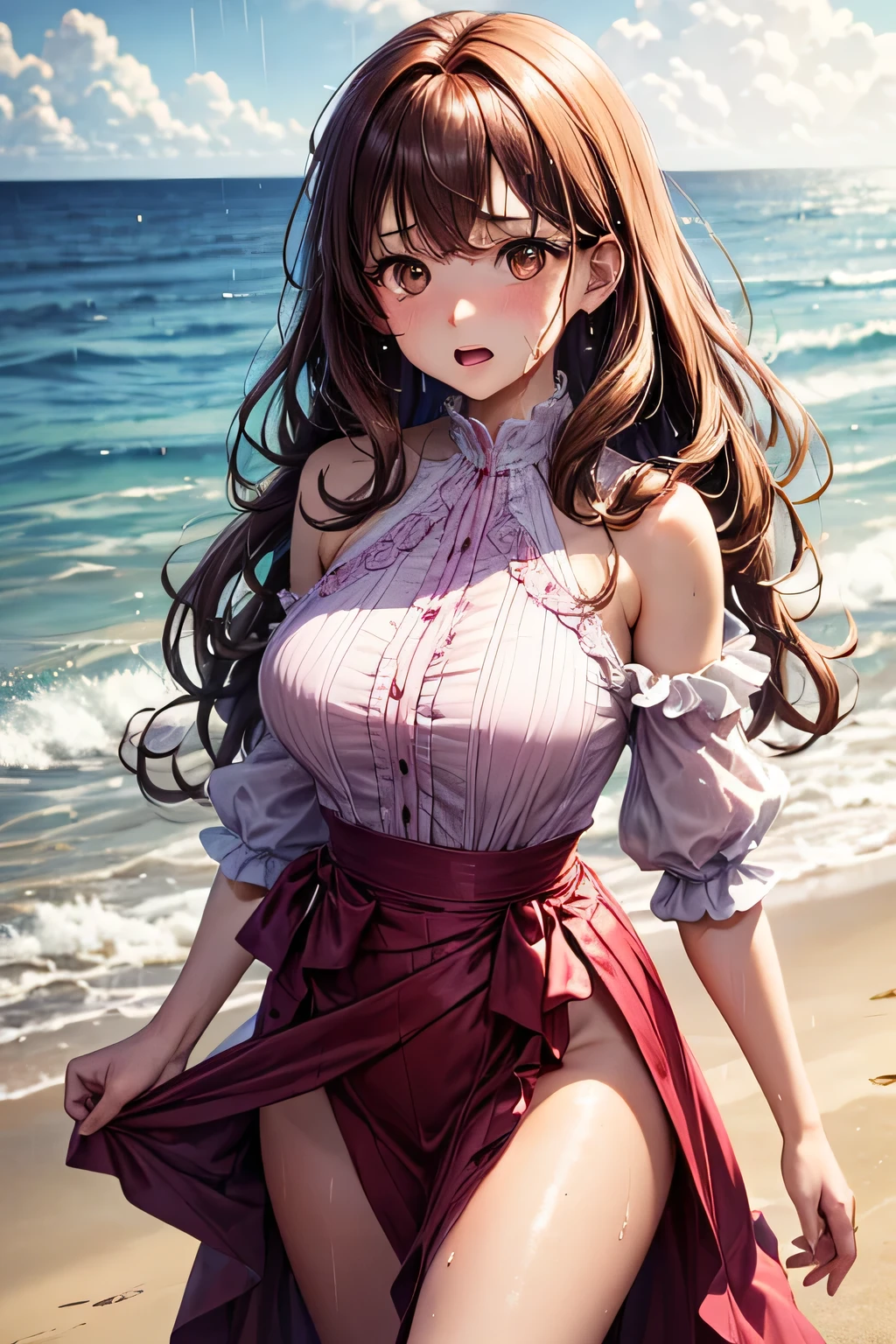 ( 1curvy girl, long hair, braid: 1.3, dark brown hair, simple color hair band, brown eyes, baby face, brown eyes), medium breasts:1.1, sagging breasts:1.3, spread breasts:1.2, pretty breasts:1.2, short in height1.1, thick thigh, completely bare:1.3, bare breasts:1.2, breasts focus:1.3, papilla of breast,