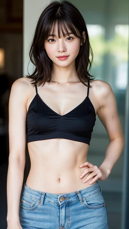 A boy wearing a black bra top is lying on the bed, captivating anime boy, Boy with black knotted chignon hair, Bra only, Ecchi anime style, Feeling naughty, whole body!!, young boy, beautiful boy, Penis muscle, Bare shoulders, bare legs, bare arms,